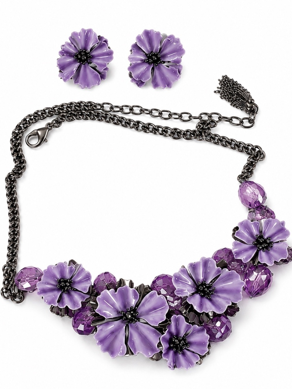 Purple Floral Statement Necklace and Earring Set - Women's Jewelry